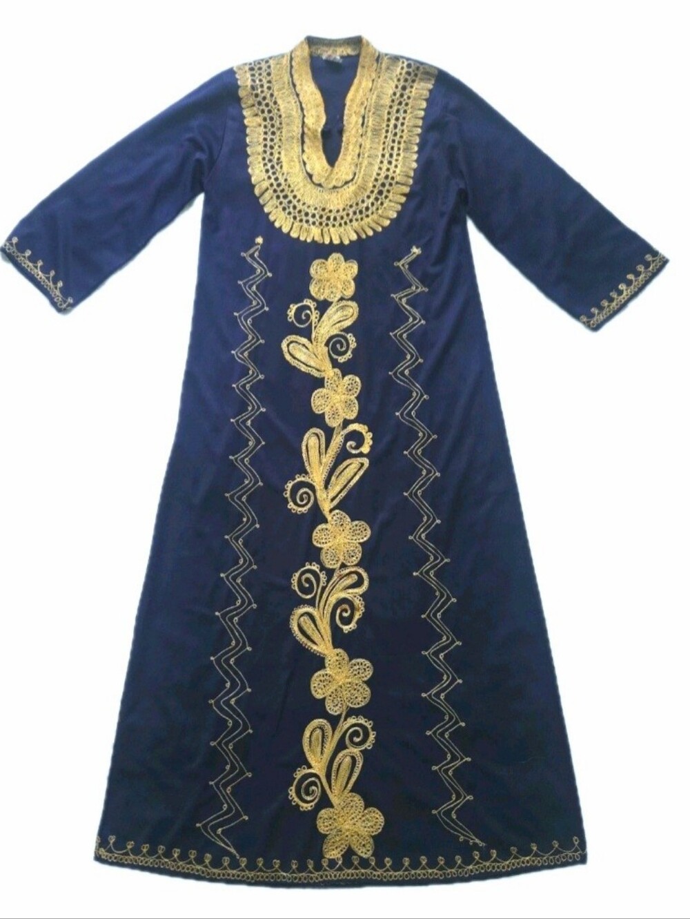 Vtg Embroided Moroccan Caftan, Maxi Dress, Navy & Gold, Travel, Party, One Size - Picture 3 of 11